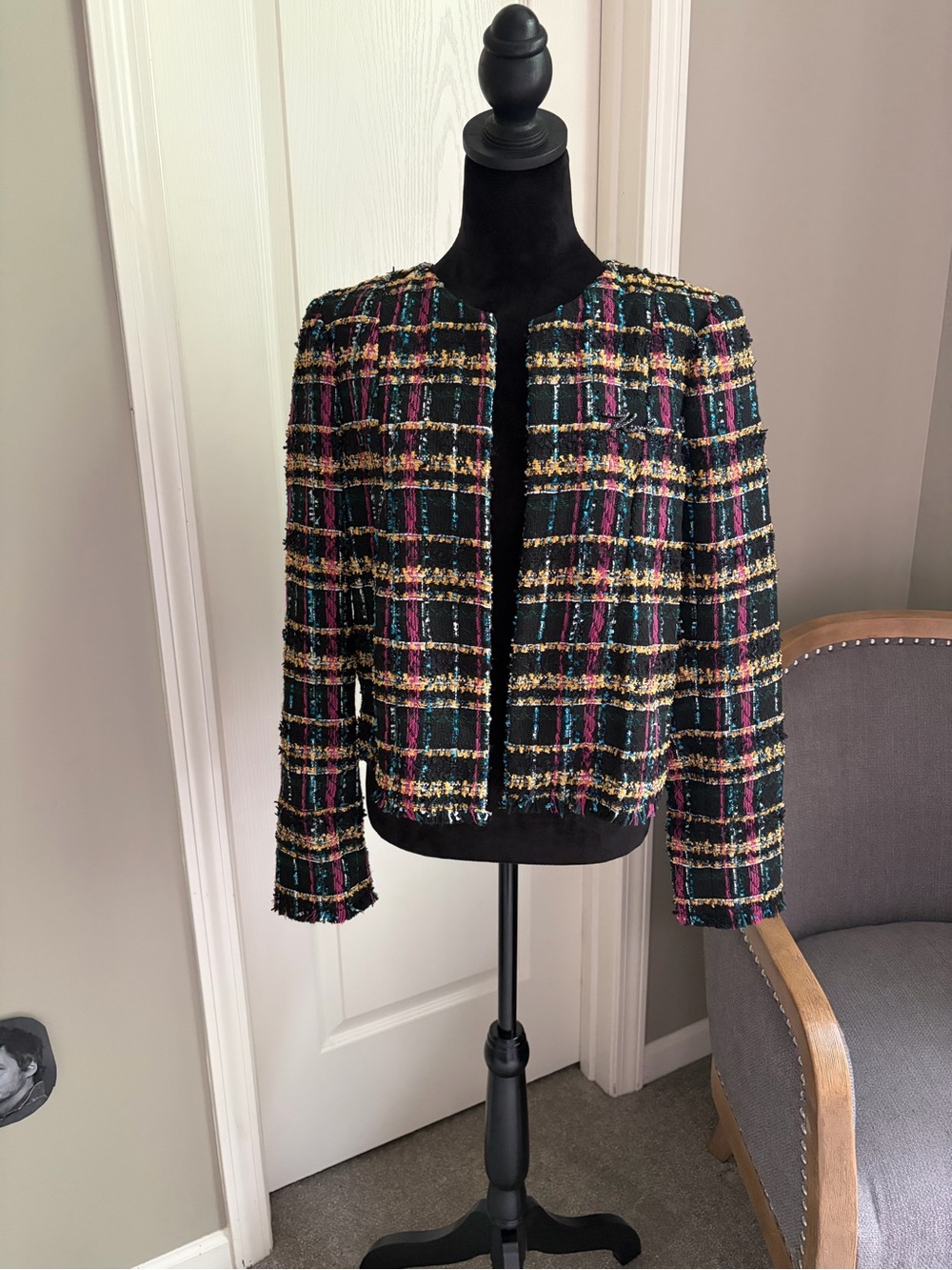 Karl Lagerfeld Black Multicolor Tweed Open-Front Jacket